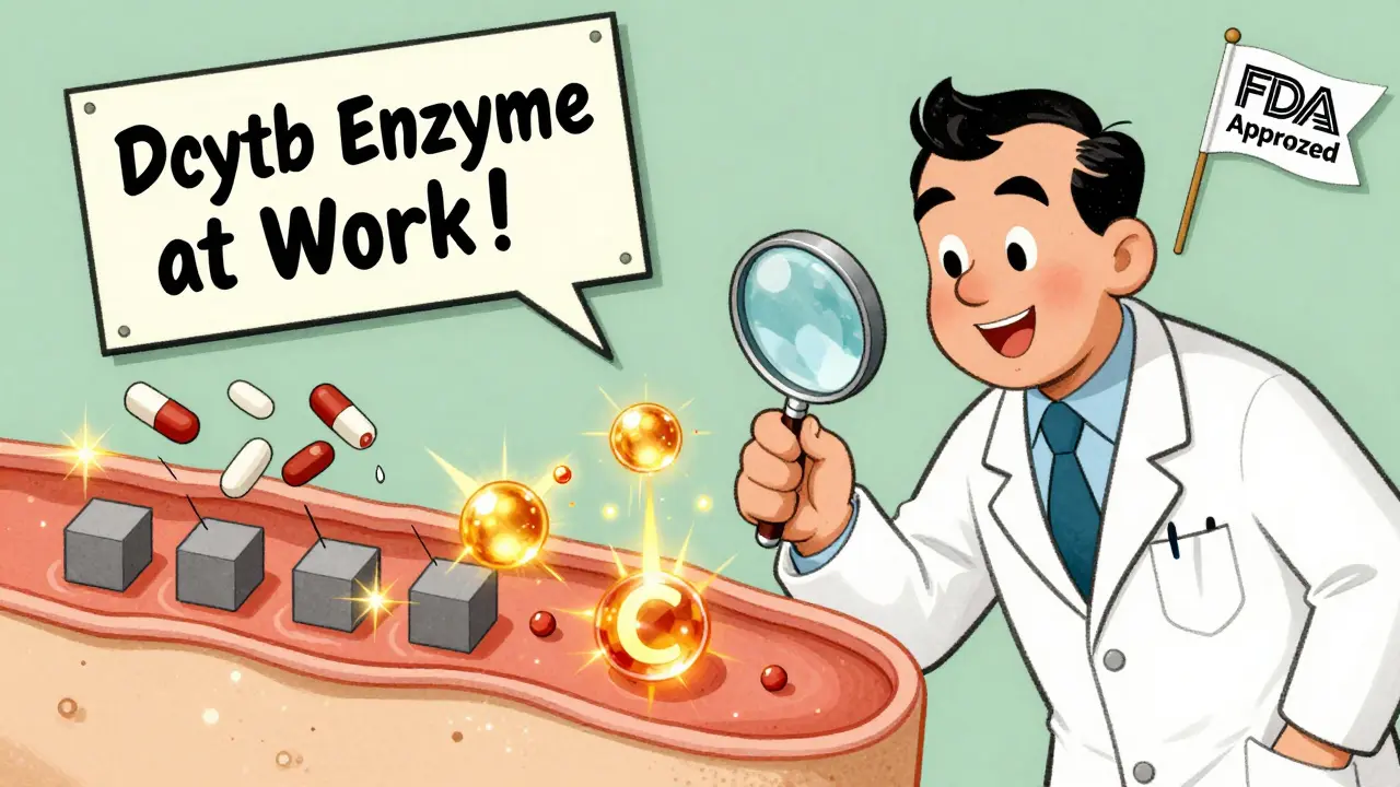 A scientist watches vitamin C convert iron into its absorbable form inside the intestine.