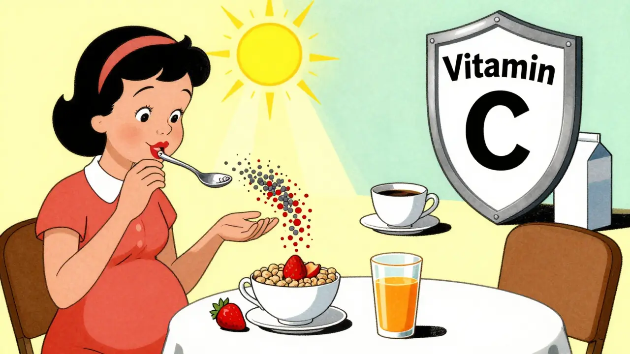 A woman eats cereal with strawberries and orange juice while coffee and calcium are pushed away.
