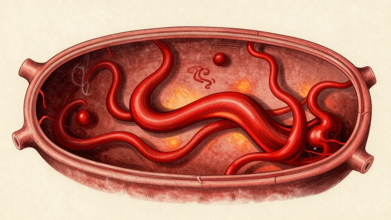 Cartoon drawing of turbulent blood flow stressing a vessel wall inside.