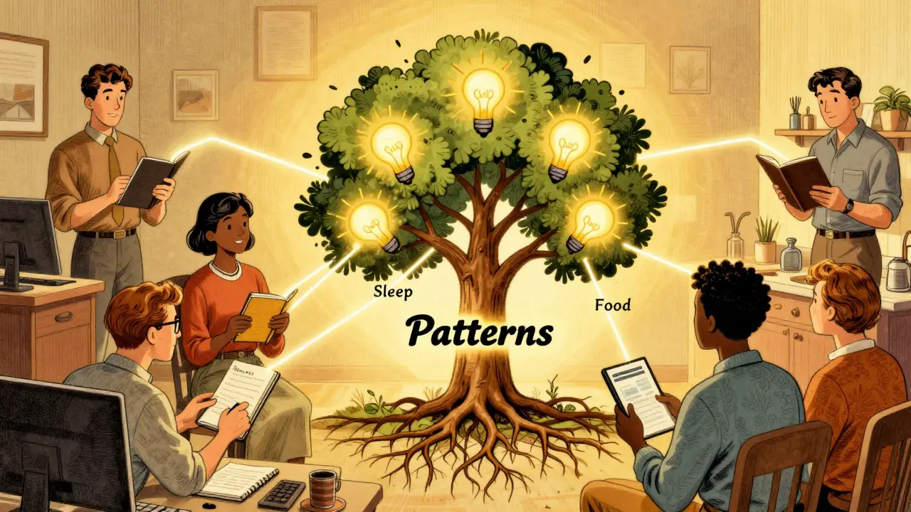 Diverse people connecting daily logs to a growing tree of health patterns with labeled roots.