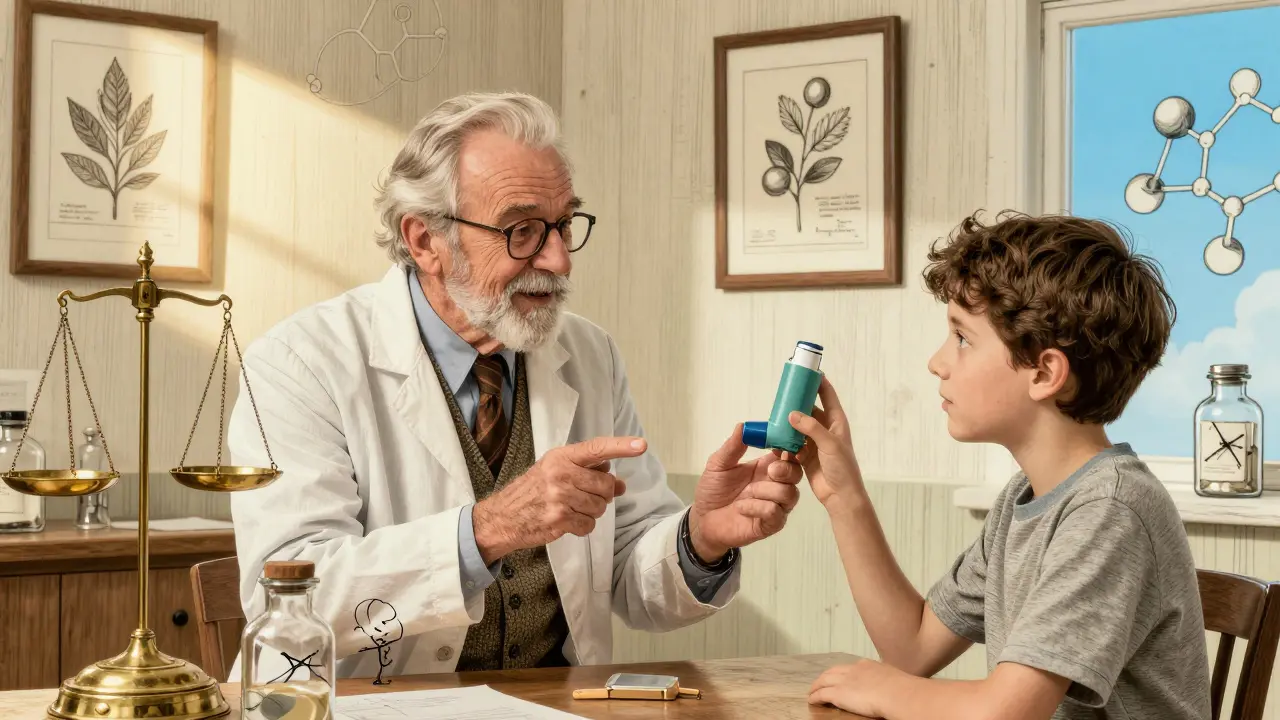 Doctor explaining SMART therapy using combined inhaler device