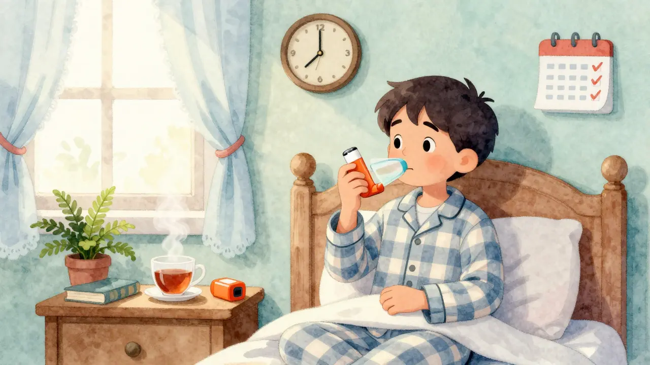 Patient performing morning maintenance inhaler routine with tea