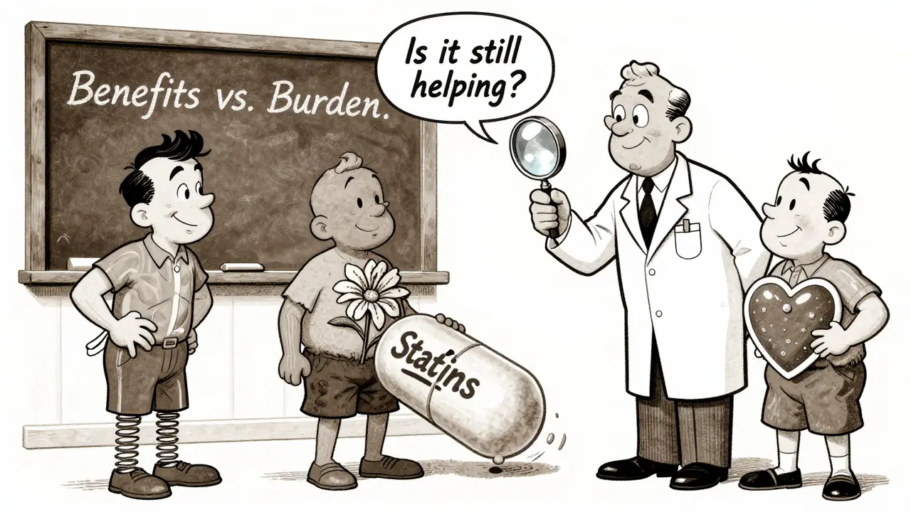 Pharmacist using magnifying glass on statin pill while three patients show different health conditions, vintage cartoon.