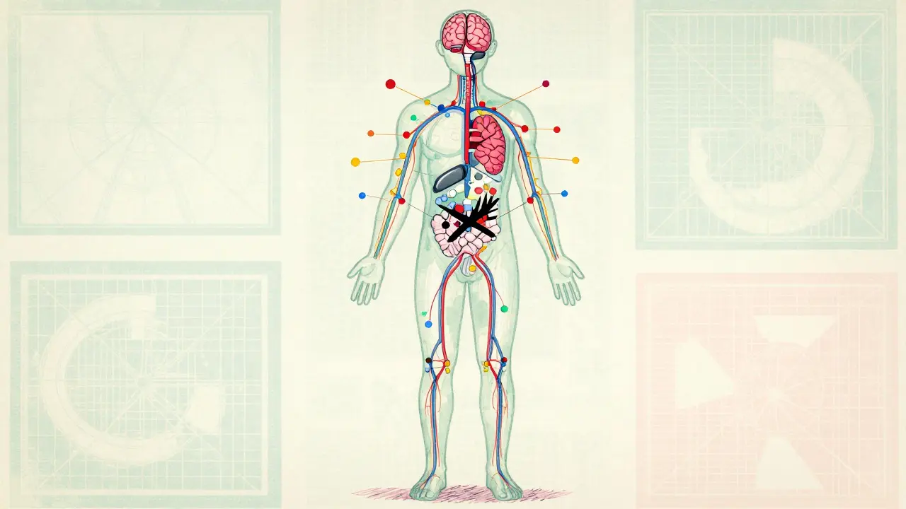 Retro diagram of medicine interfering with nerve pathways inside body.