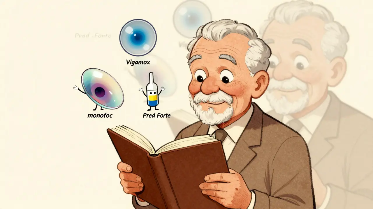 Senior reading clearly after surgery, with different types of replacement lenses floating nearby.