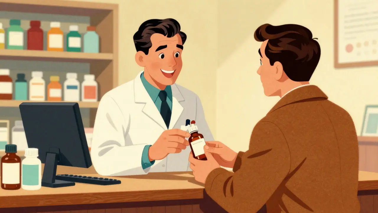 Smiling pharmacist handing new medicine bottle to hopeful customer.