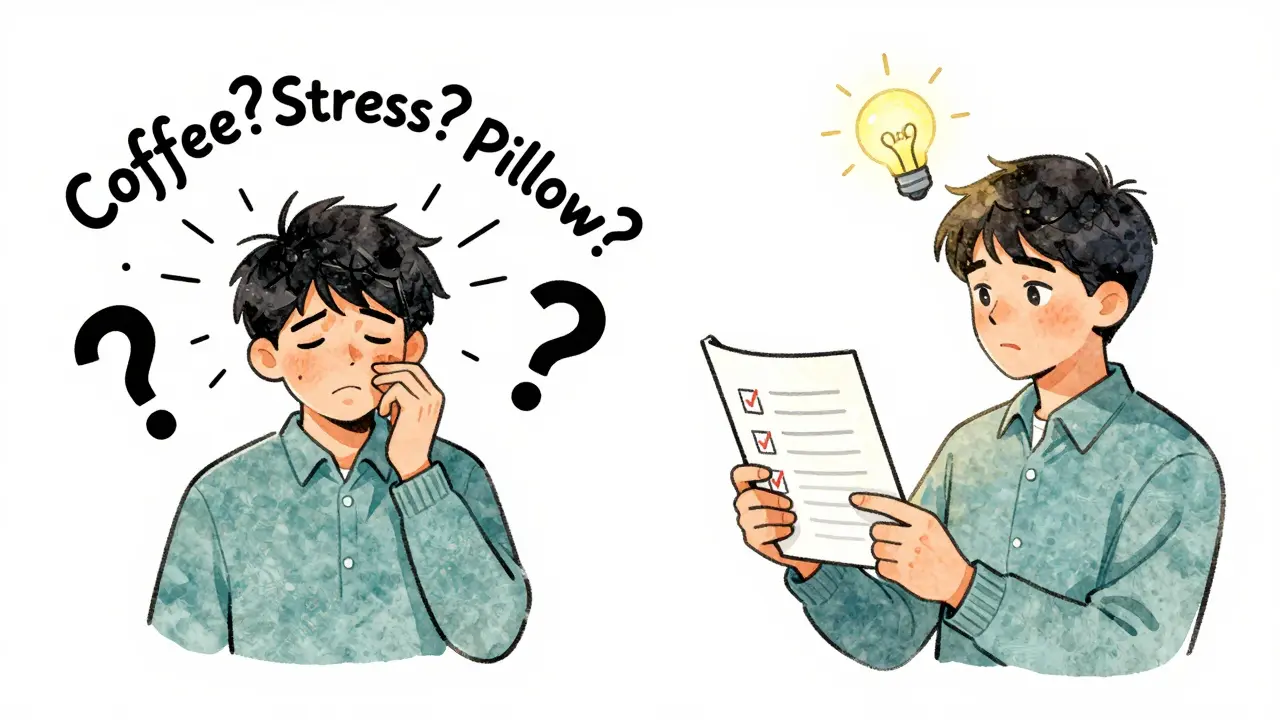 Split cartoon scene: chaotic guesswork vs. calm symptom tracking with a glowing lightbulb.