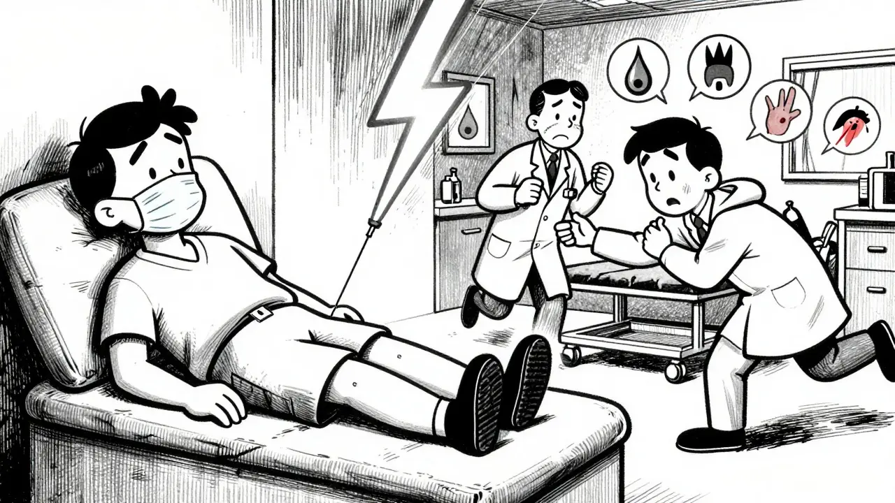 Split cartoon scene: person with flu vs. ER team rushing in with spinal tap glowing.