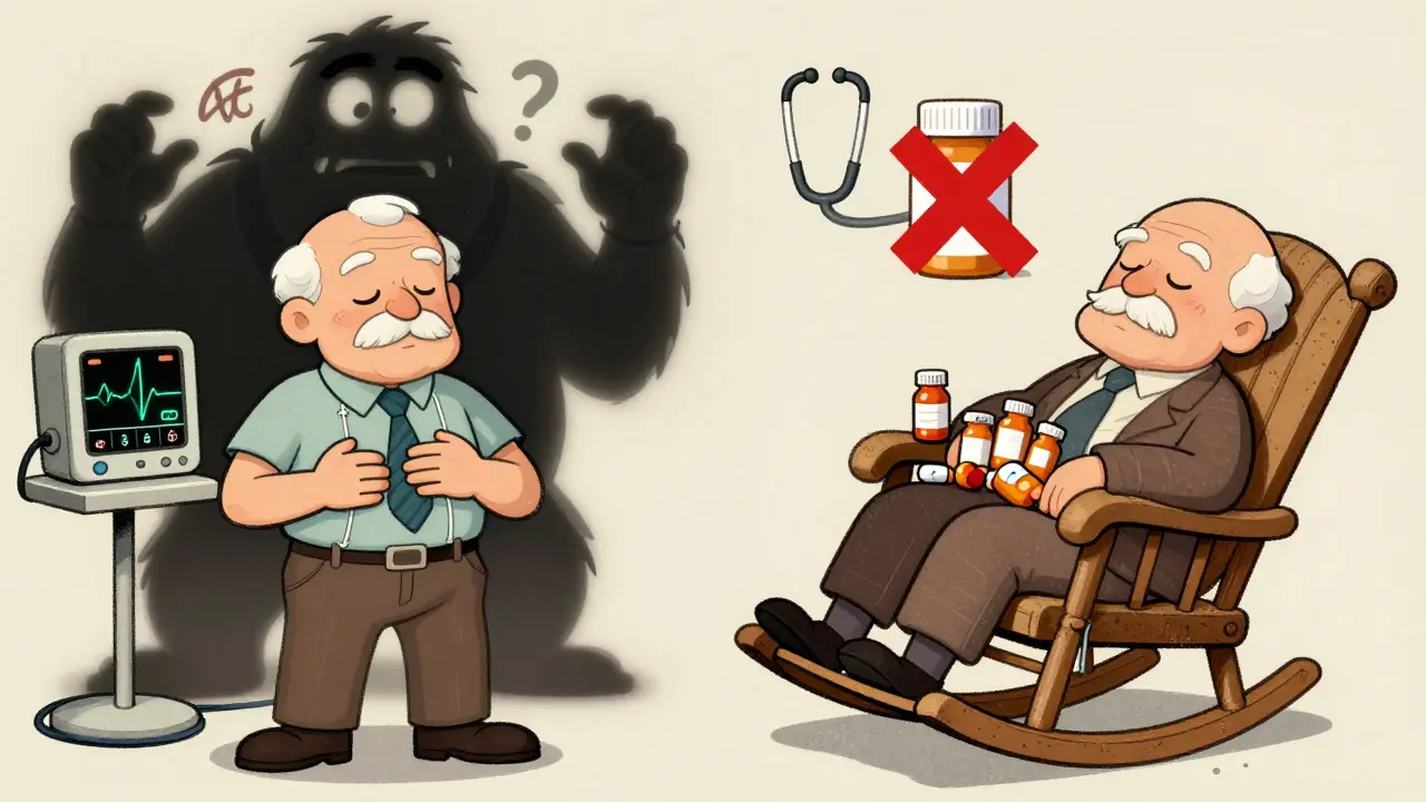 Split scene: man with stents fearing heart attack vs. elderly man peacefully napping with pills marked 'X'.