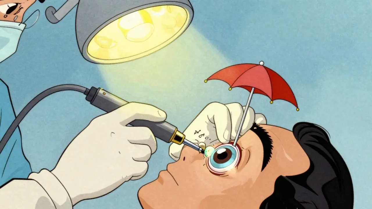 Surgeon using a tiny probe to remove a cloudy lens, with an artificial lens unfolding inside the eye.