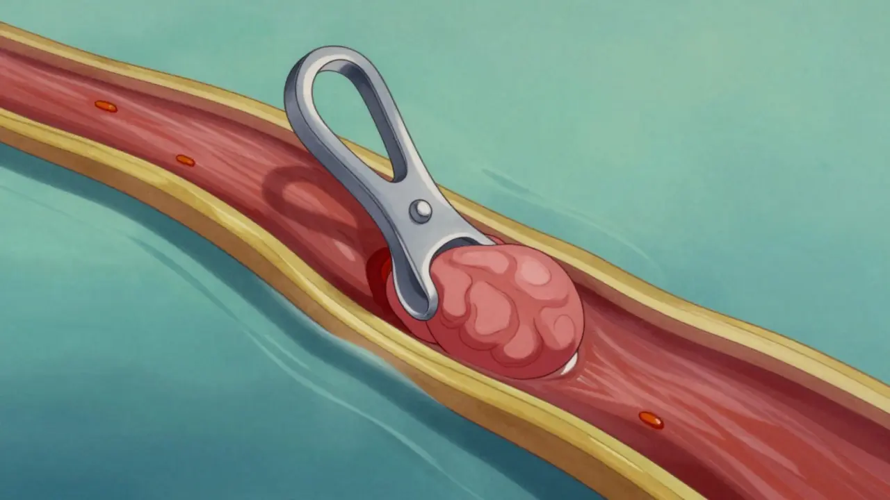 Vintage illustration of a repaired brain vessel held by a surgical clip.