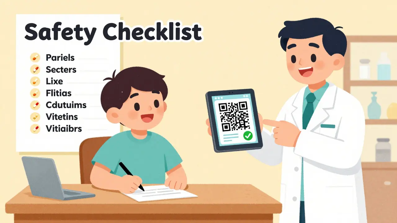 A person and a pharmacist reviewing a medication safety checklist using a digital tablet.