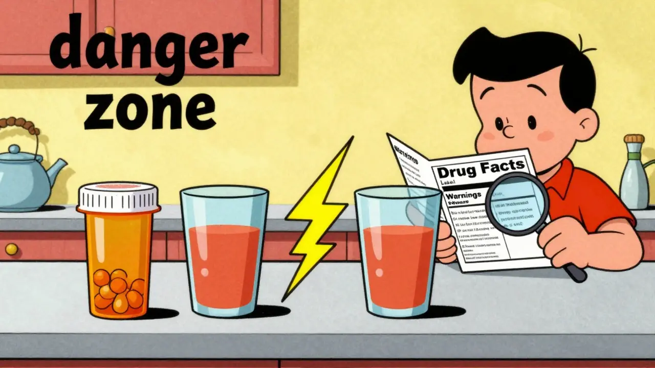 A pill bottle and grapefruit juice with lightning bolts between them to show drug interaction.