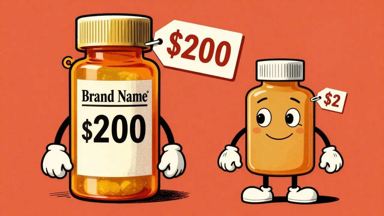 Cartoon comparison between an expensive brand name pill and a cheap generic pill.