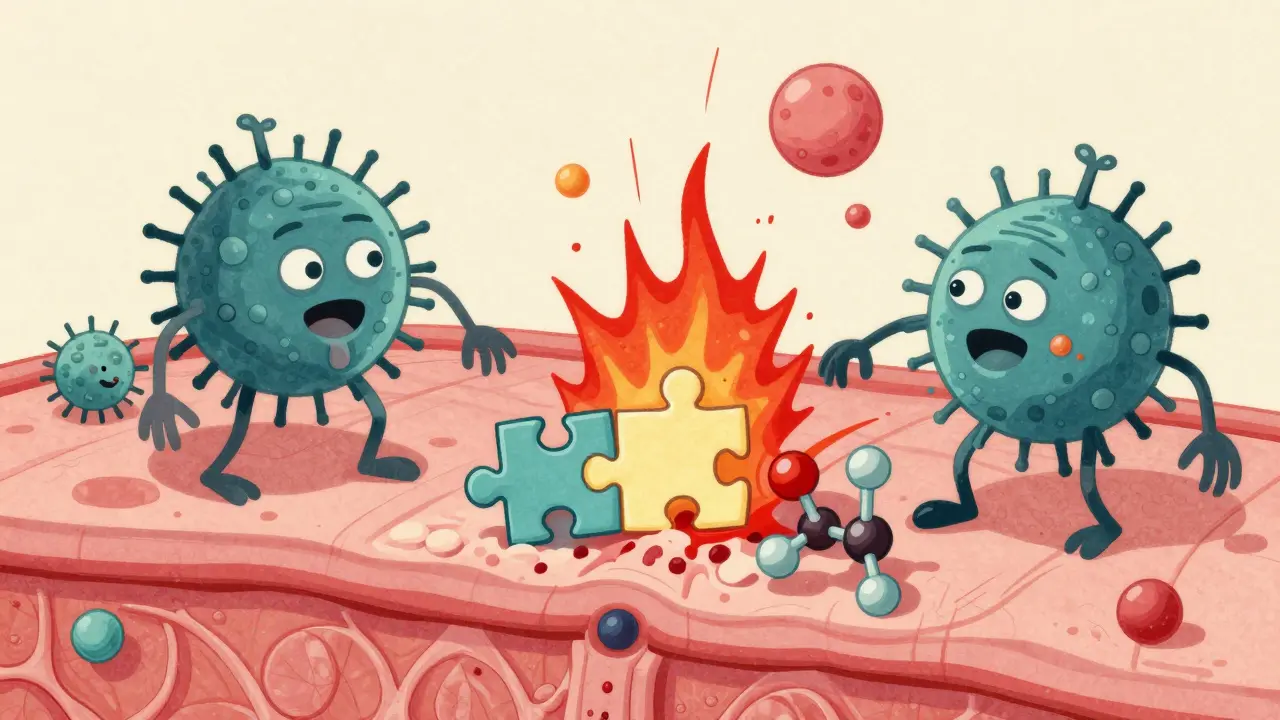 Conceptual vintage illustration of bacteria and receptors causing skin inflammation