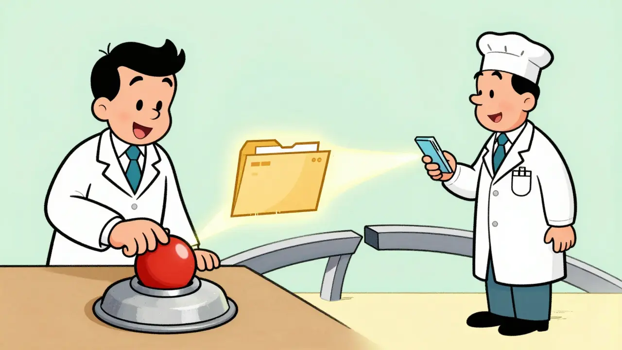 Digital prescription being transferred between two pharmacies in vintage art