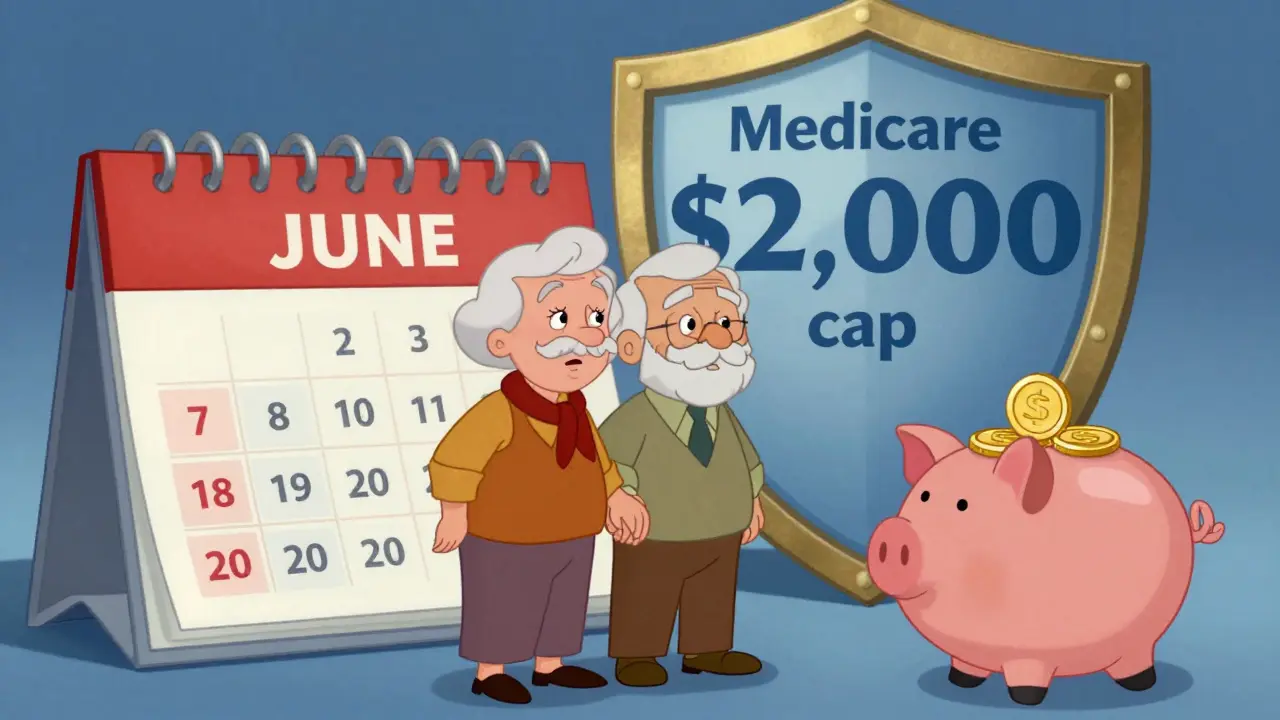 Happy elderly couple with a full piggy bank and a protective shield symbolizing drug cost caps.