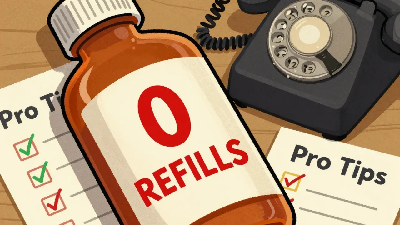 Medicine bottle with zero refills next to a rotary phone in vintage cartoon style