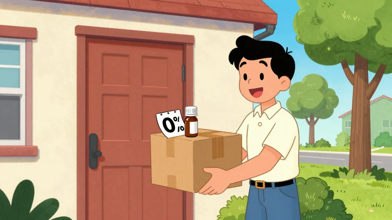 Person receiving a prescription delivery and a discount coupon in vintage cartoon style