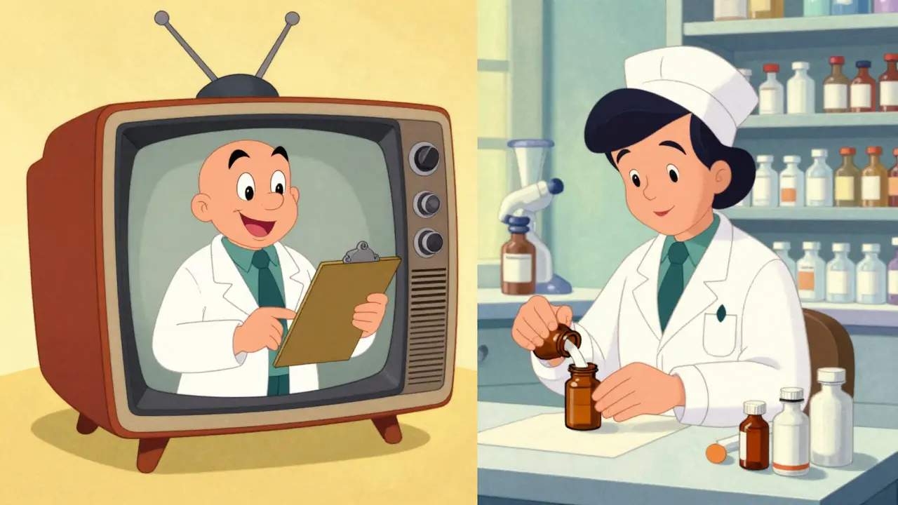 Telehealth consultation and pharmacy fulfillment depicted in retro animation style