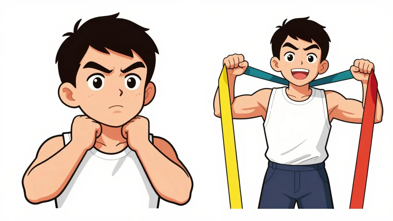 Vintage cartoon of a person performing chin tucks and using a resistance band for recovery.