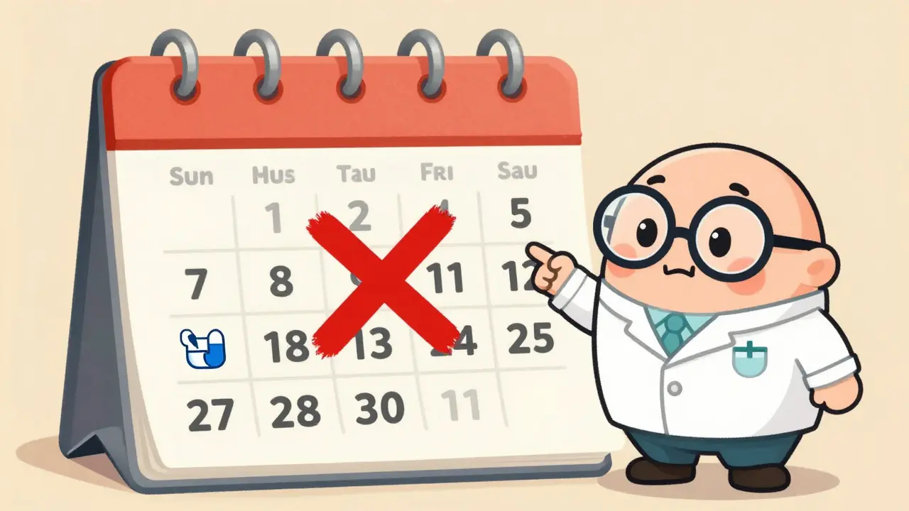 Vintage cartoon showing a pharmacist pointing to a two-week gap on a calendar