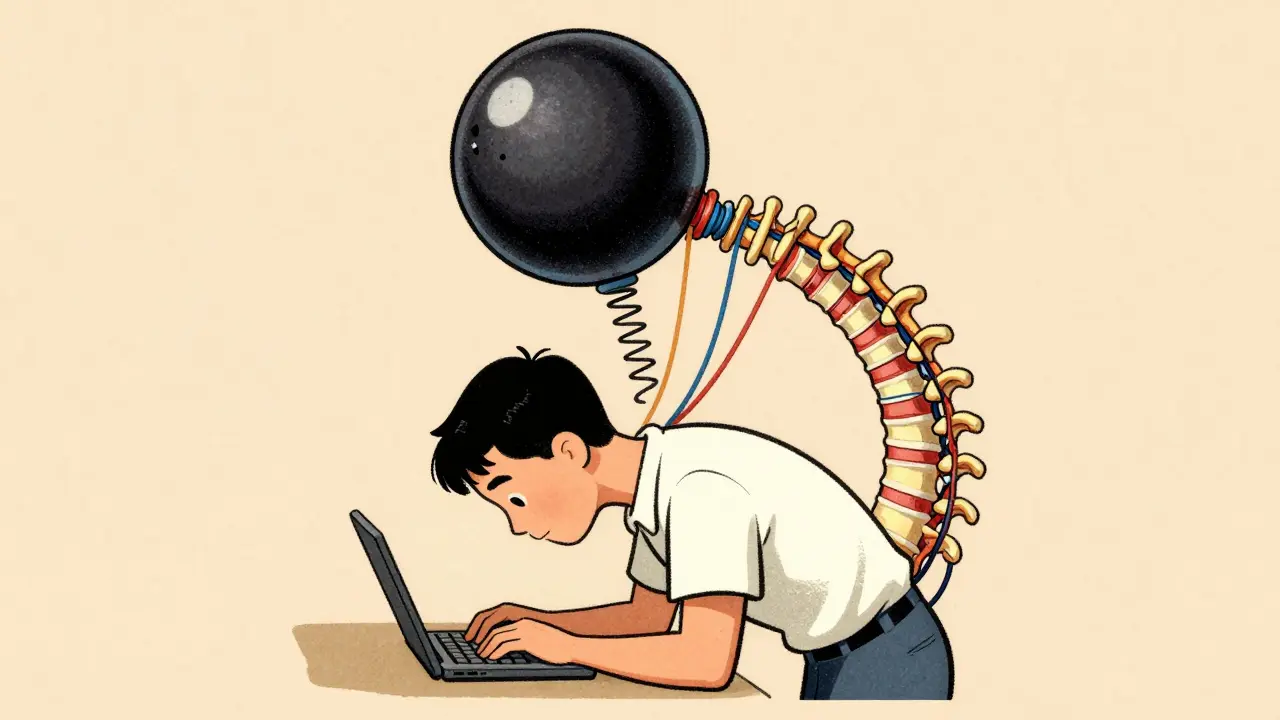 Vintage illustration of a person with poor posture and a bowling ball neck metaphor.